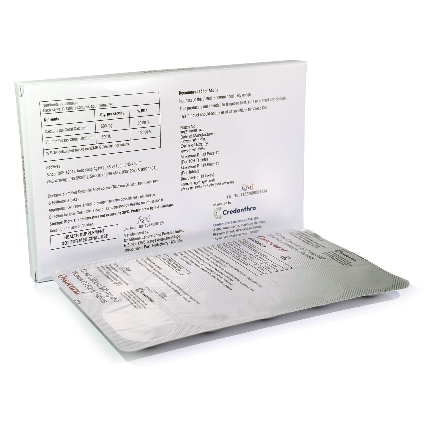 Credanthro -Ossocoral Tablets – Coral Calcium 500 mg & Vitamin D3 (Cholecalciferol) 600 IU SupplementCredanthro -Ossocoral Tablets – Coral Calcium 500 mg & Vitamin D3 (Cholecalciferol) 600 IU Supplement Credanthro -Ossocoral Tablets – Coral Calcium 500 mg & Vitamin D3 (Cholecalciferol) 600 IU Supplement