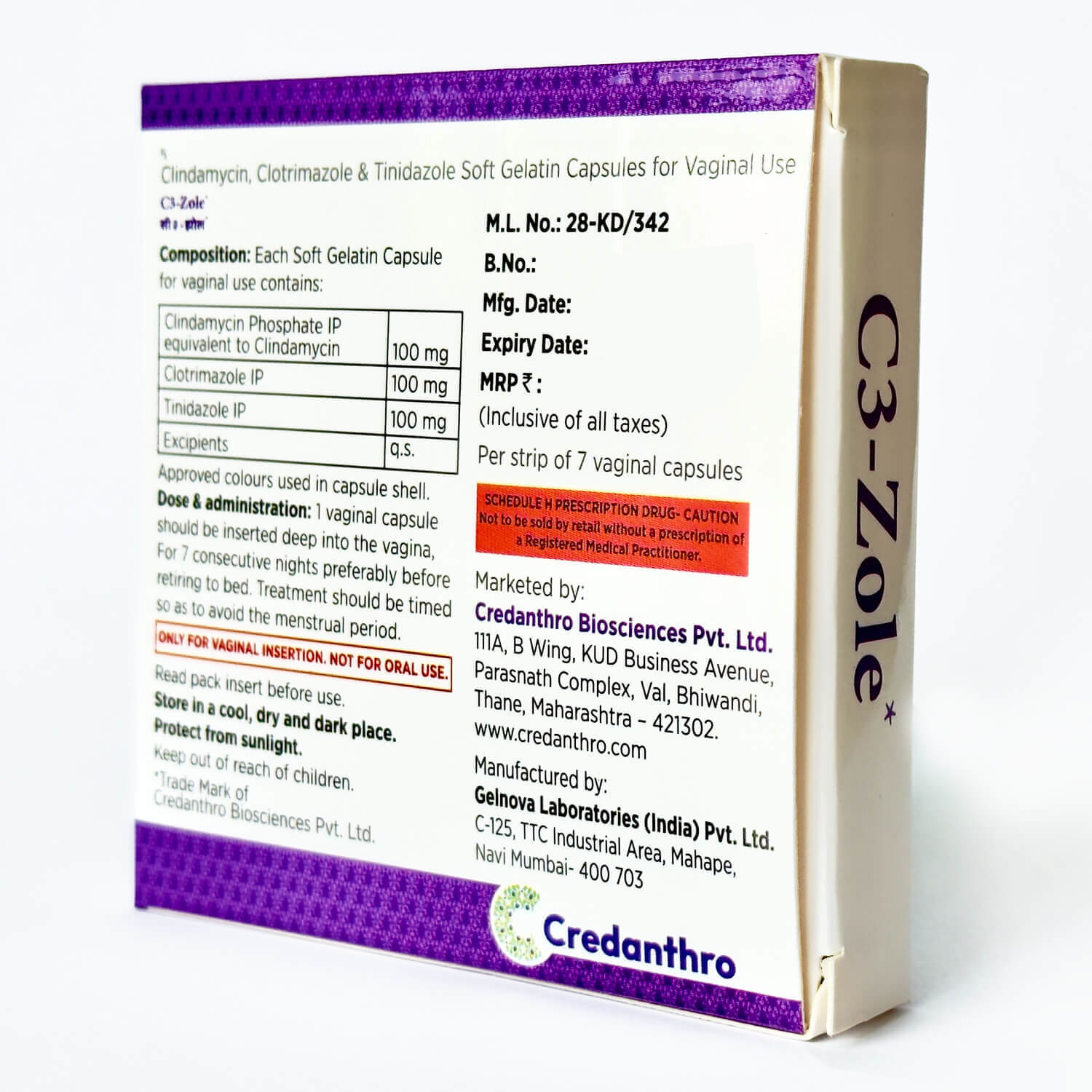 Credanthro - C3-Zole– Clindamycin, Clotrimazole & Tinidazole Soft Gelatin Capsules for Vaginal Use Credanthro - C3-Zole– Clindamycin, Clotrimazole & Tinidazole Soft Gelatin Capsules for Vaginal Use
